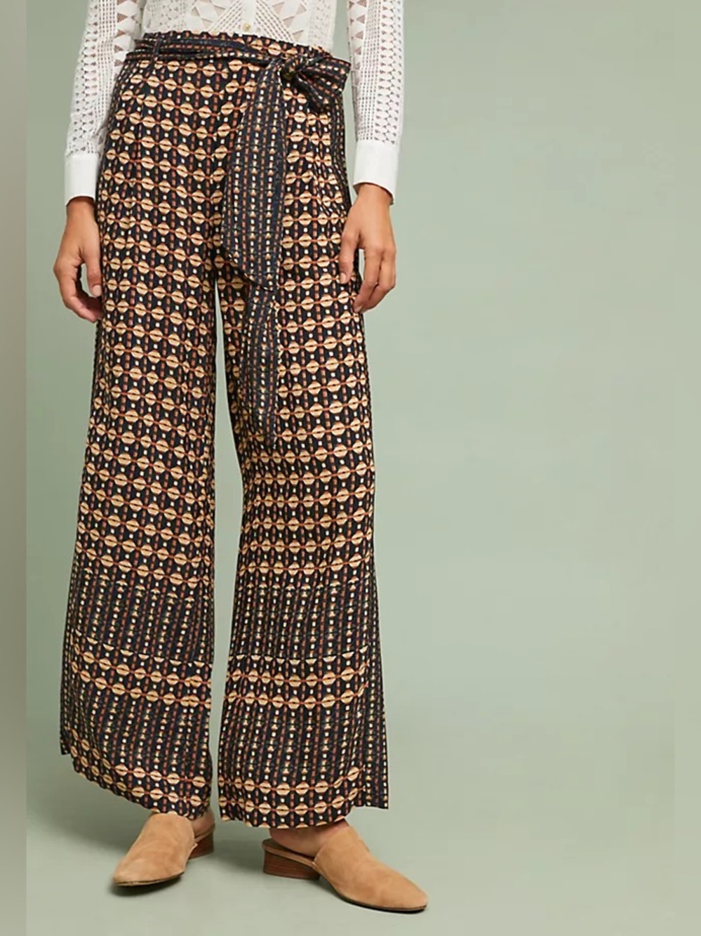 Anthropologie Ett:twa Size 4 Metzner Wide Leg Pants Tie Belt in Black and Brown
